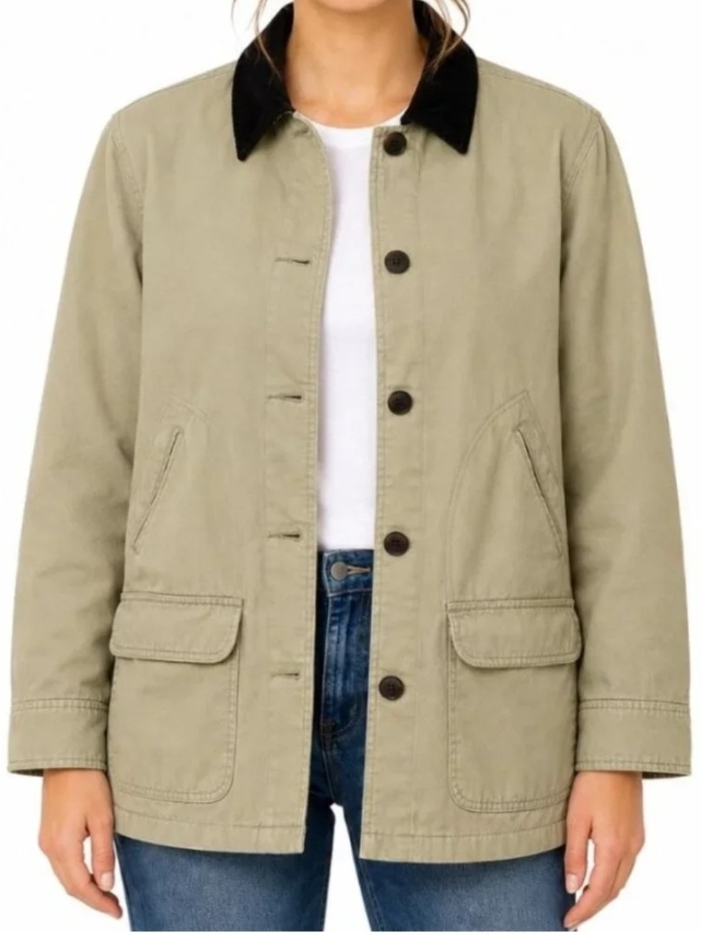 Lands End Womens Barn Chore Jacket Tan Plaid Flannel Lined 100% Cotton Size L